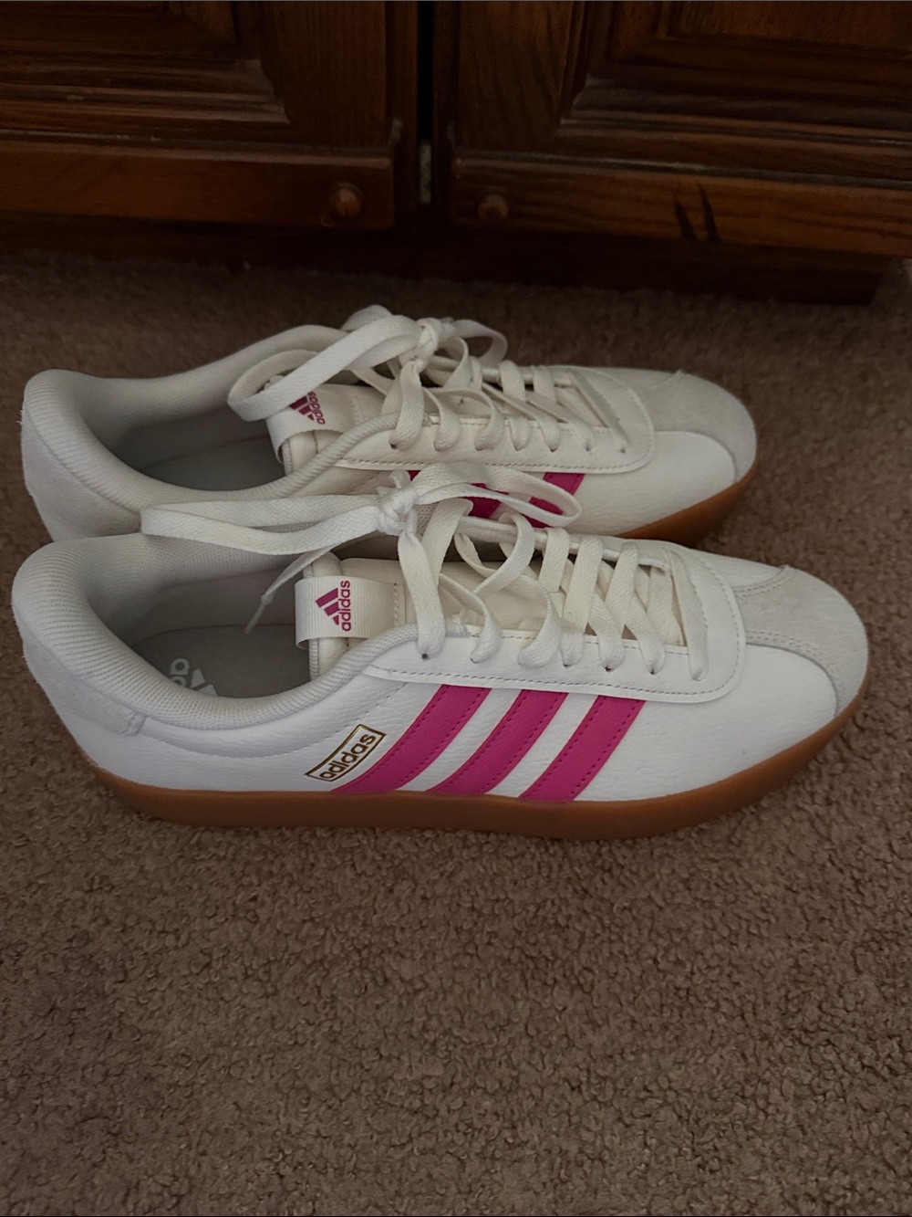 adidas White Sneakers with Pink Stripes and Gum Sole